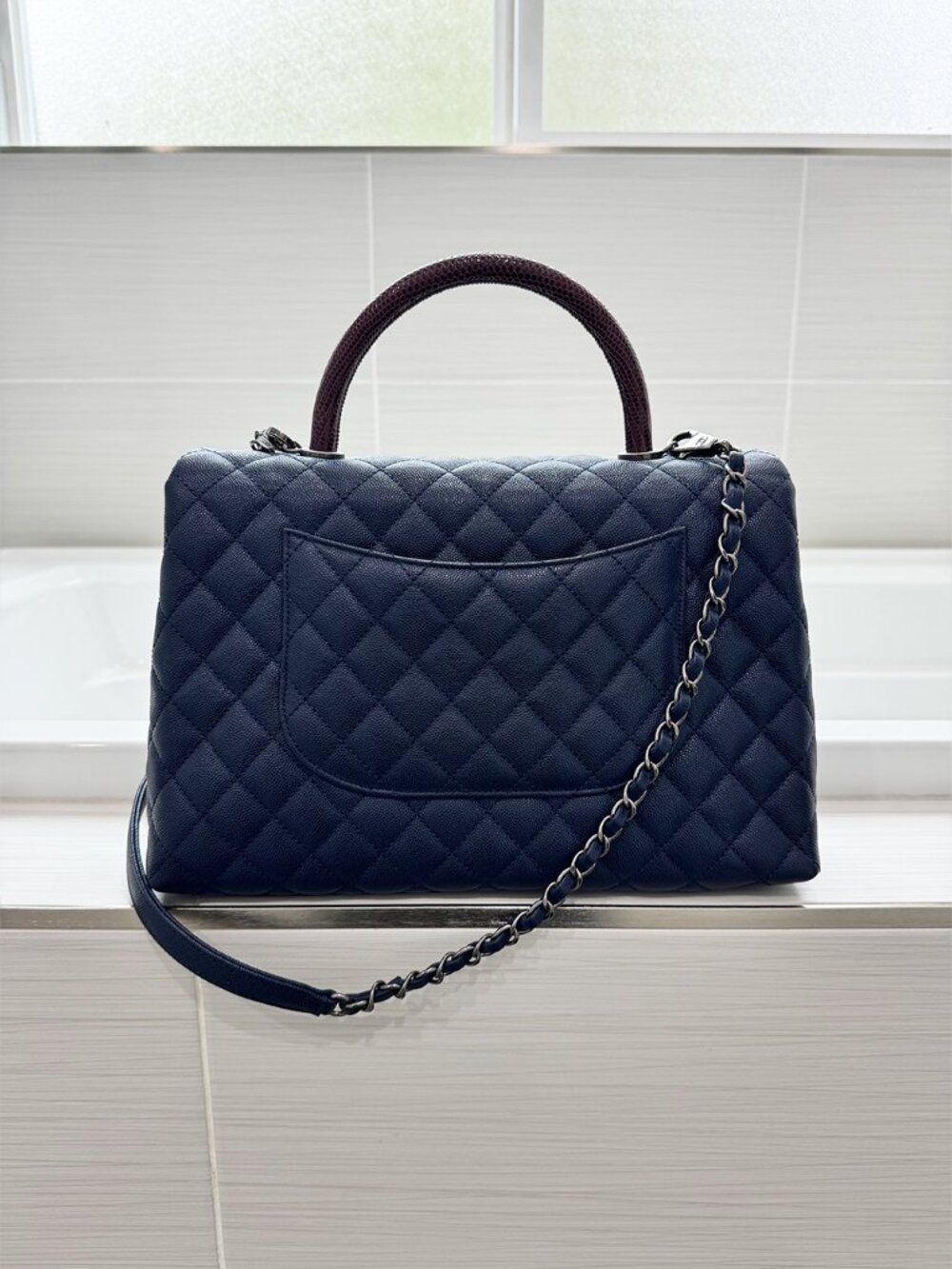 Like New Chanel Navy/Burgundy Quilted Caviar Leather Coco Lizard Handle Bag - Picture 2 of 13